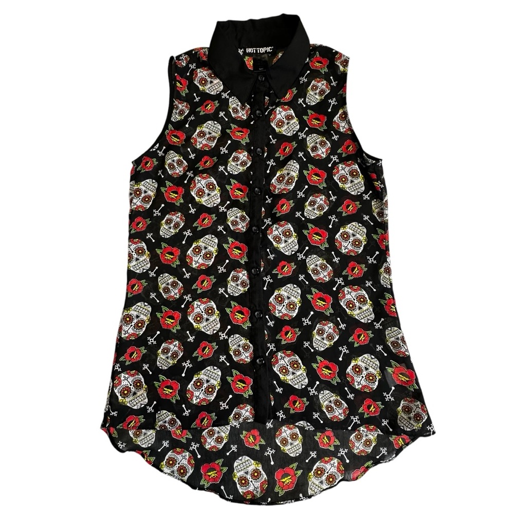 Hot Topic Black Sheer Sugar Skull and Crosses Button Front Sleeveless Shirt SM